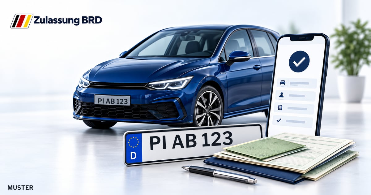 Online Fahrzeugzulassung in Wedel: Musterkennzeichen PI AB 123, Auto und Fahrzeugpapiere und Smartphone. Illustration mit Logo von Zulassung BRD.